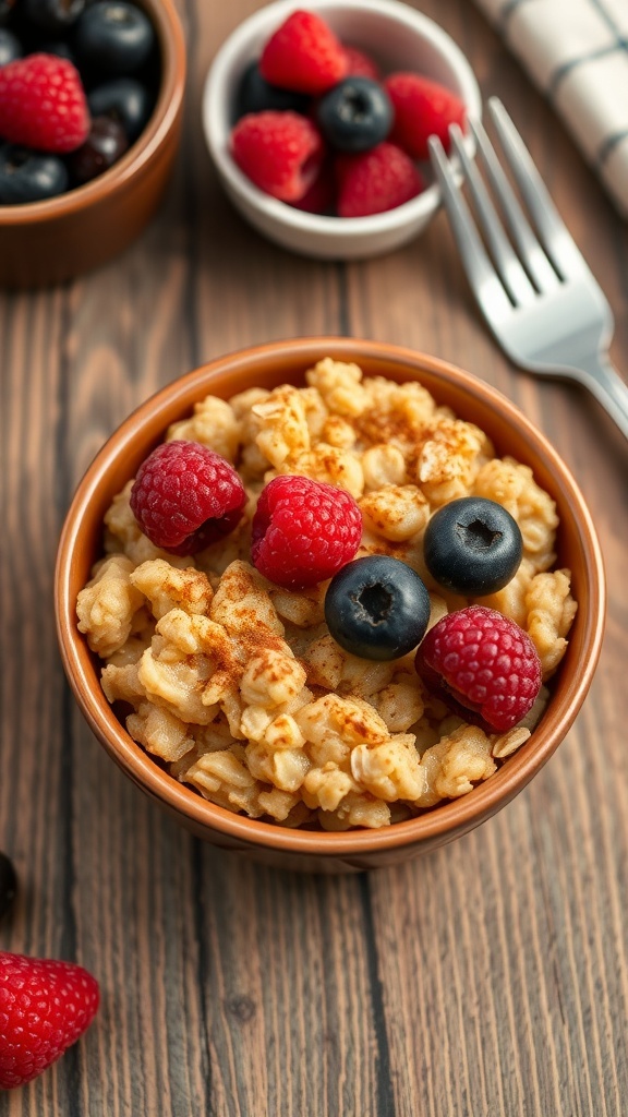 Low-Calorie Baked Oats in Air Fryer Recipe Baked oats topped with berries in a small dish on a wooden table.
